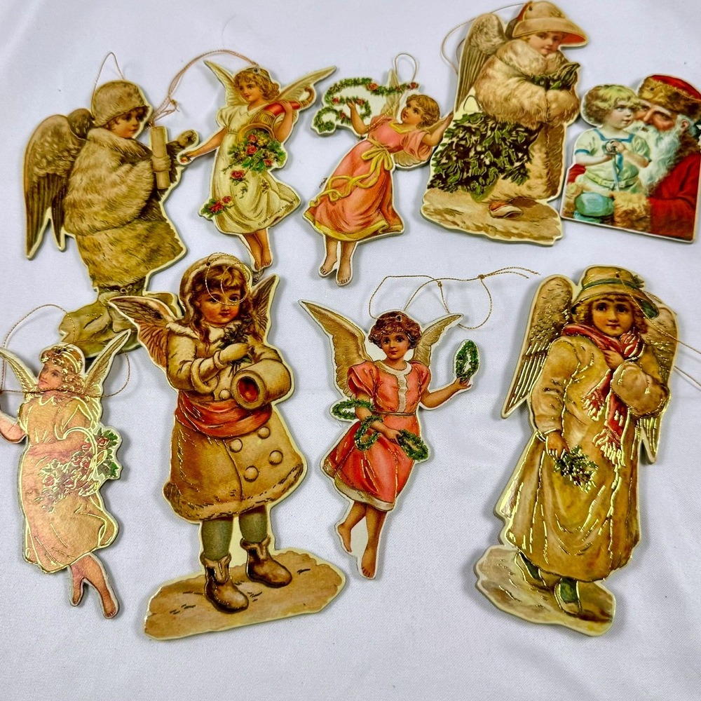 Vintage 70s 80s Merrimack Victorian Style Paper Christmas Ornaments Set 9pc
